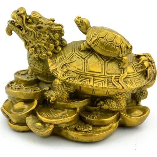 Chinese brass wealth money coin ingot dragon turtle Tortoise Longevity statue decoration metal handicraft