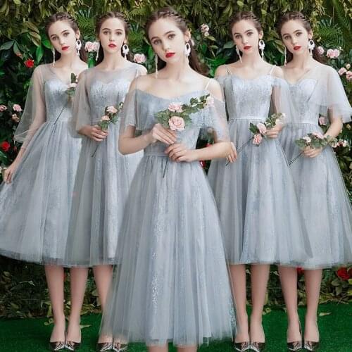 Bridesmaids Dress Illusion A-Line V-Neck Knee-Length Lace Spaghetti Straps Tulle Embroidery Short Women Wedding Party Gown E307