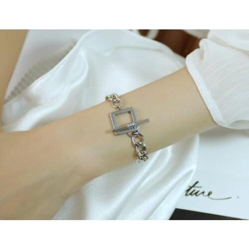 Silver 7 inch Women Bracelet New Fashion Stainless Steel Link Chain OT Clasp Square charms Bracelet Bangle Gifts For Friends