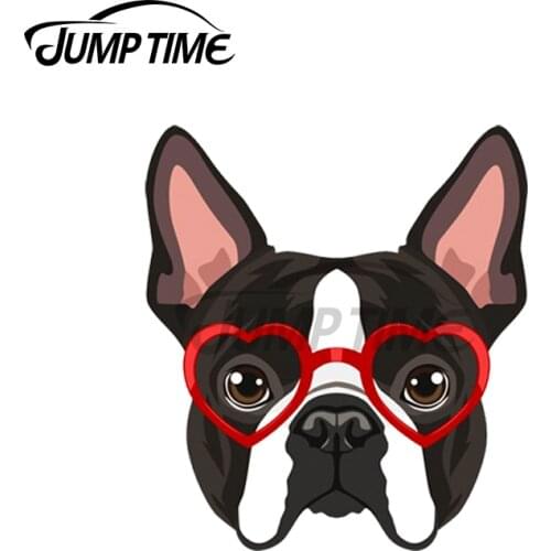 Jump Time 13 x12cm For Boston Terrier Dog Hipster Glasses Funny Car Stickers DIY Sticker Waterproof Repair Decal Custom Printing