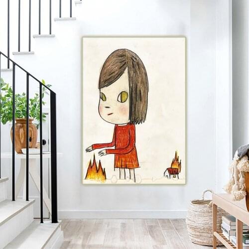 Yoshitomo Nara《Fire》Cartoon Japanese Canvas Art Oil Painting Aesthetic Artwork Picture Wall Decor Home Decoration