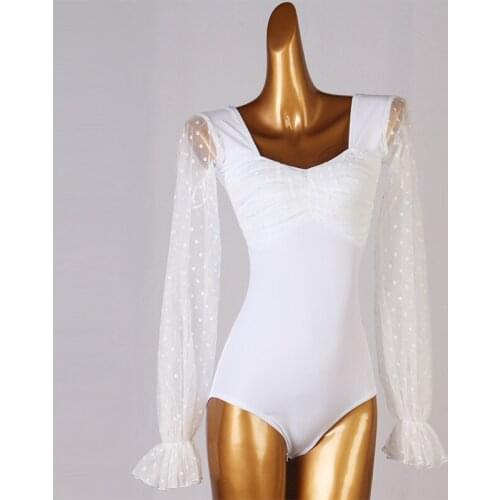 New Latin Dance Clothes For Women Lace Long Sleeve White Jumpsuit Ballroom Dance Competition Tops Samba Tango Clothing DQL5569