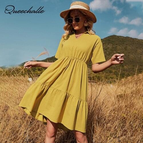 V Neck Solid Casual Dresses Women Summer Short Sleeve Holiday Beach Loose Midi Dress Yellow Ruffle A-line Ladies Dress Vestidos