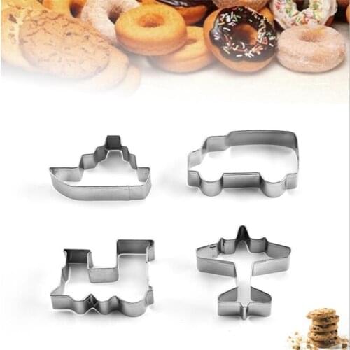 4pcs Vehicle Cookie Cutter Stainless Steel Cut Candy Biscuit Mold Cooking Tools Car Train Ship Pastry Cake Fondant Cutters Mould
