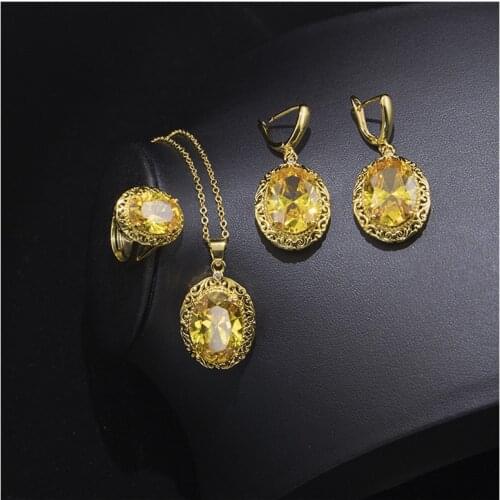 Many Colors Big Oval Yellow Zircon Rose Gold Jewelry For Women Adjustable Ring Earrings Necklace Engagement/Anniversary Gift