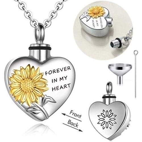 "Forever In My Heart" Heart Sunflower Urn Perfume Necklace Funeral Cremation Coffin Box Necklace Anniversary Memorial Jewelry