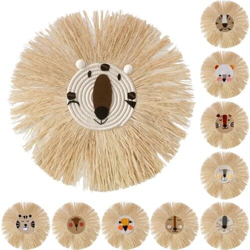 INS Nordic Hand woven Cartoon Lion Hanging Decorations Cotton Thread Weaving Animal Head Ornament Children room Wall Hanging