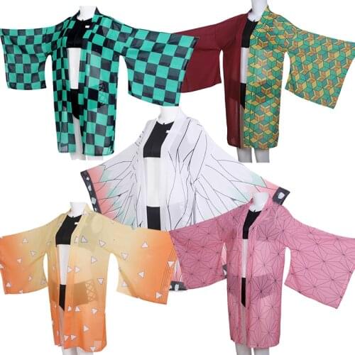 Demon Slayer Cosplay Kimetsu no Yaiba Kamado Tanjirou Cosplay Two Piece V Neck Bathing Suit Swimsuit with Sheer Kimono Cardigan