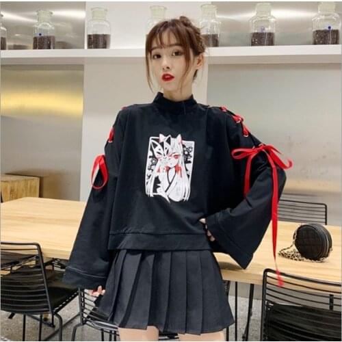 Summer Women Clothing Anime Fox Printed Cross Ribbon Lolita Girls' T Shirt Harajuku Spring Black Top Skirt