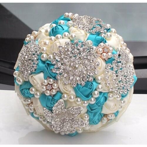 Hot selling white blue and red crystal bridal wedding bouquets for wedding decoration