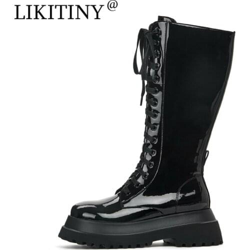 LIKITINY 2021 Autumn Round toe Cross tied Lace up platform shoes 6CM Fashion Round toe zipper Genuine leather Knee high boots
