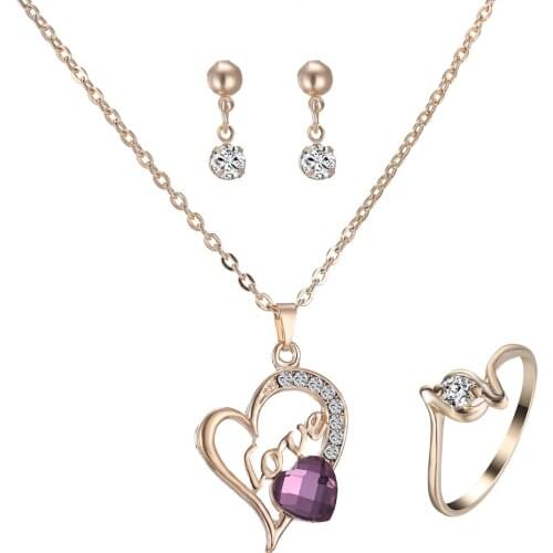Fashion Gold Jewelry Engrave Love Heart necklace purple crystal Necklaces Jewelry Set For women wedding Party Engagement Jewelry