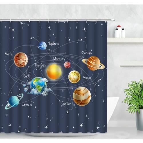 Cartoon Solar System Shower Curtains Sci-Fi Planet Earth Planet Children Bathroom Decor Screens Polyester Fabric Hanging Curtain