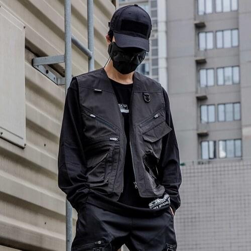 Men Techwear Vest Streetwear Cargo Multi-Pockets Tactical Jacket
