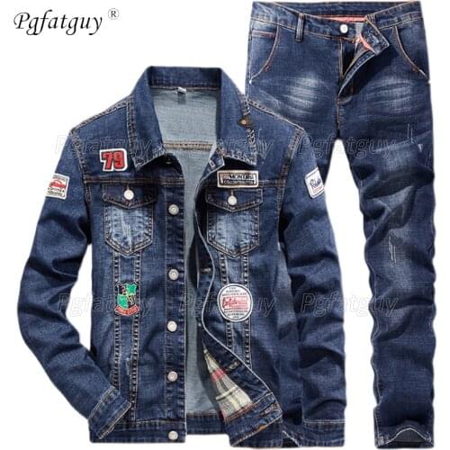 Mens 2 Piece Sets New Spring Autumn Badge Patches Design Blue Denim Jacket and Jeans Fashion Slim Couple Denim Suit Ropa Hombre