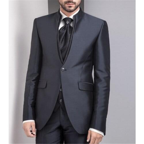 Costume Homme Black Satin Stand Lapel Formal Wedding Suits For Men 3pieces(Jacket+Pants+Vest+Tie) Bridegroom Slim Fit Blazer 370