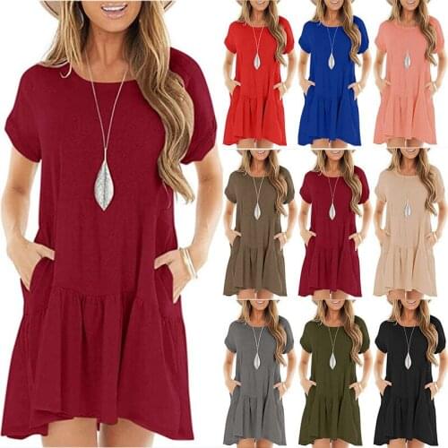 2021 New Solid Color Summer Dress Women Casual Short Sleeve O-Neck Loose Pockets Dress Mini Dress Female Sweet Ruffles Vestidos
