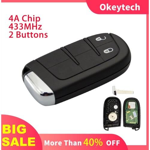 OkeyTech 2 Button 433MHz 4A Chip Car Smart Remote Key For Jeep Dodge Grand Cherokee Journey With Uncut Insert Blade High Quality