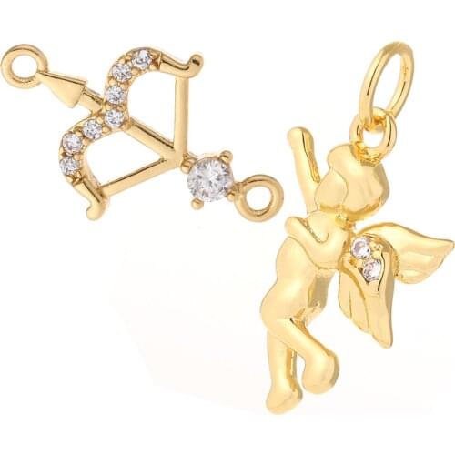 Cupid Charms for Earrings Necklace Making Supplies Metal Gold Angel Cupids Arrow Accessories Diy Jewelry Copper CZ Zircon