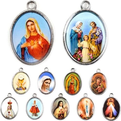 Religious Medals Catholic Saints Rosary Parts Color Sticker Sacred Heart of Mary Jesus Guadalupe Custom Medal Pendant diy