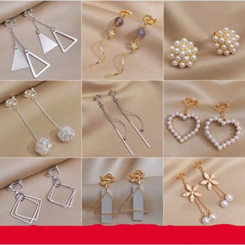 2020 New Korean Crystal Flower Tassel Long clip on earrings no pierced non piercing ear For Women Geometric Elegant Gifts