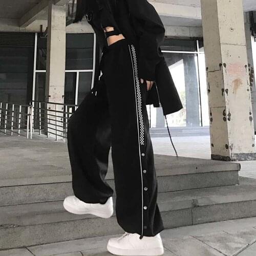 Sweatpants Womens Sport Joggers Design Button Streetwear Side Split Straight Wide Leg Pants Baggy Harajuku Casual Trousers Black