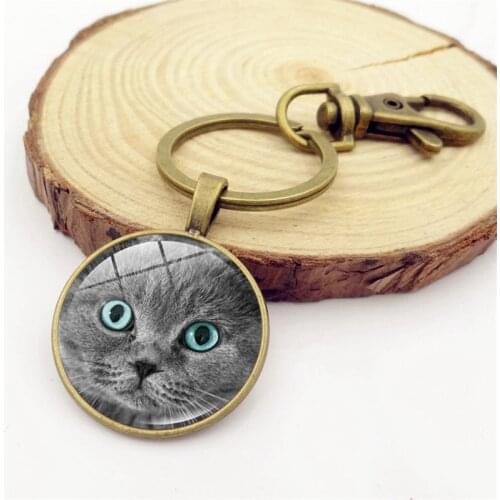 WG 1pc Vintage Cute Cat Time Gem&stone Pendant Keychain Cabochon Glass Ball Keychain Keyring For Women Car Key Chain Bag Pendant