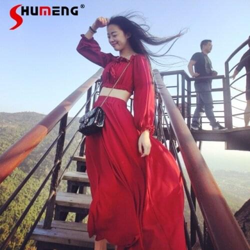 2021 Spring and Summer Vintage Sexy Red Mid Waist Chiffon Tops Beach Long Skirt Seaside Korean Fashion Clothing Two Pieces Set