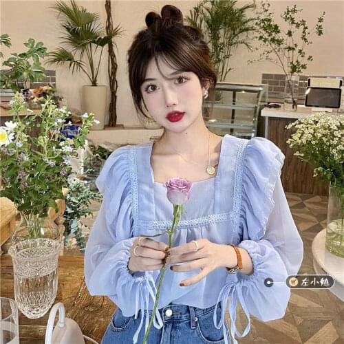 KoukiMa Light Blue Fairy Square Collar Long Sleeve Blouse Girls Lace-up Sweet Blouse Tops Female Casual Chiffon Kawaii Blouse