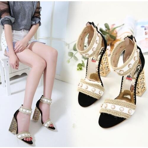 2019 british chunky woman shoes cane weaving mixed color bead open toe sandals summer metal crystal high heels pumps sandalias