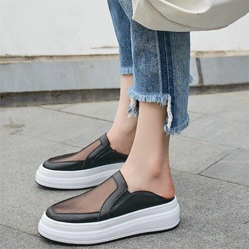 2021 Punk Slippers Women Genuine Leather Wedges High Heel Mules Female Round Toe Fashion Sneakers Chunky Platform Pumps Shoes