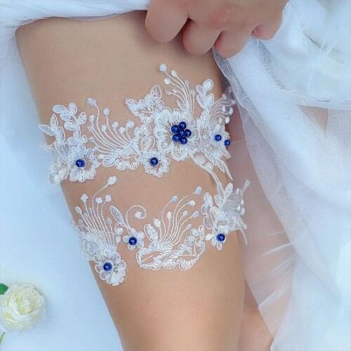 Womens Handmade Floral Lace Mesh Applique Thigh Rings Set Imitation Pearl Beaded Embellished Bridal Wedding Elastic Leg Garters
