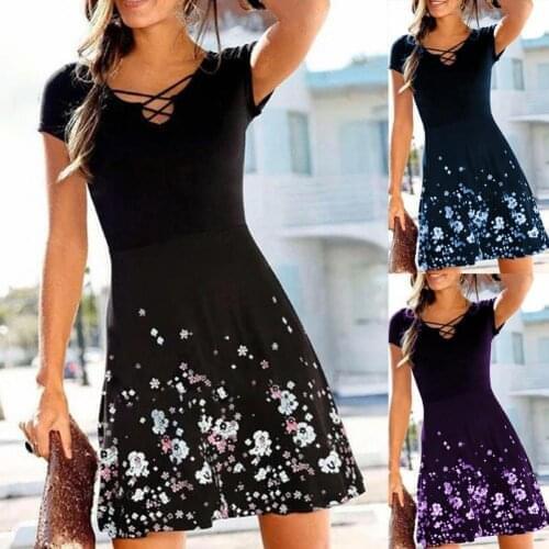 2021 Summer Dress Womens Sundress Fashion Floral Print Mini Dress Vintage Polyester Ladies Beautiful Summer Dress for Daily Wea