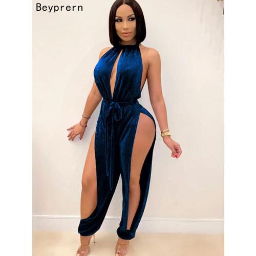 Beyprern Beautiful High Slit Open Leg Jumpsuit Sexy Rompers Womens Sleeveless Hollow Out Corduroy Belted Jumpsuits Club Overalls