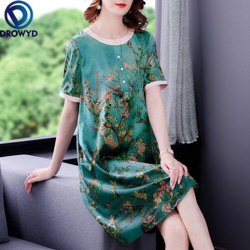 Women Boho Long Dress Summer 2021 New Office Lady Vintage Print Short Sleeve Loose O-Neck Green Design Dresses Fashion Vestidos