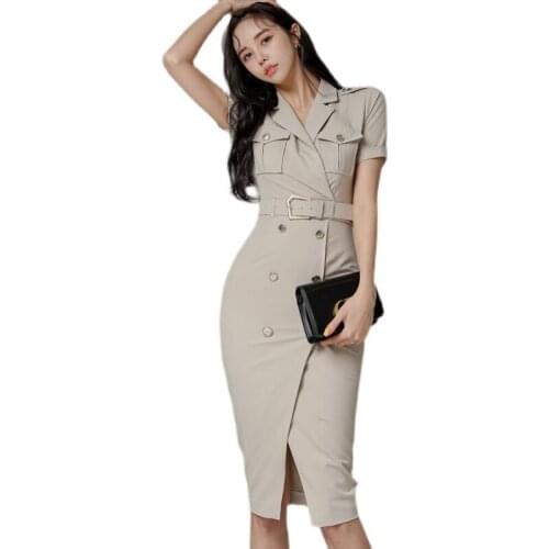 Sexy office tight Dress one piece korean ladies Summer short Sleeve notchced Formal midi bodycon party Dresses for women