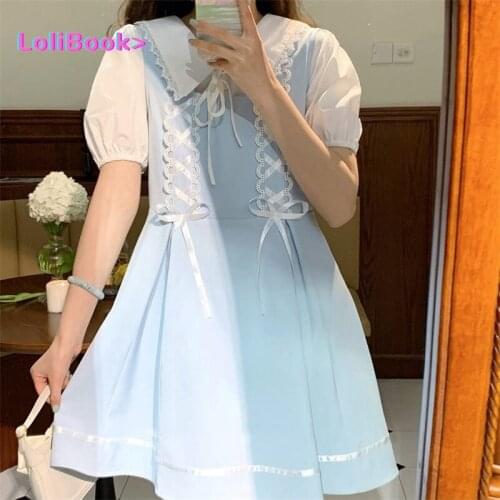 Lolibook Summer Kawaii Sweet Blue Suspender Dress Women Korean Elegant Cute Bow Ribbon Dresses High-waisted Dresses Women Casual