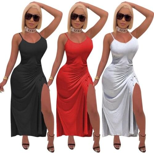 Women Spaghetti Strap High Slit Pleated Bodycon Dress Chic Casual Maxi Sleeveless Dresses