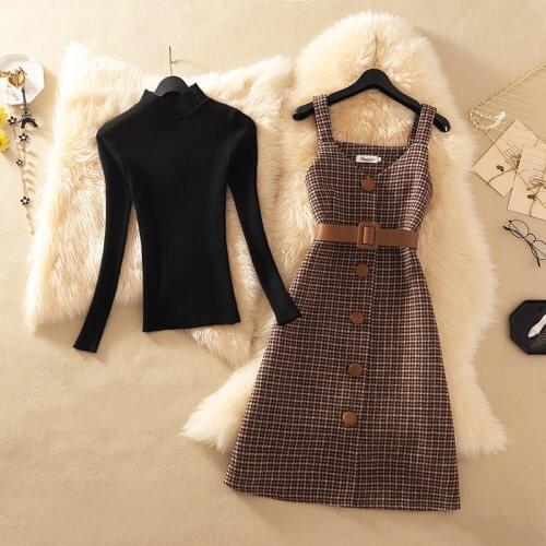 Streetwear Two Piece Dress Women Autumn Winter Sweater wool Knee-Length Dresses With belt plus size Elegant party lady Dress