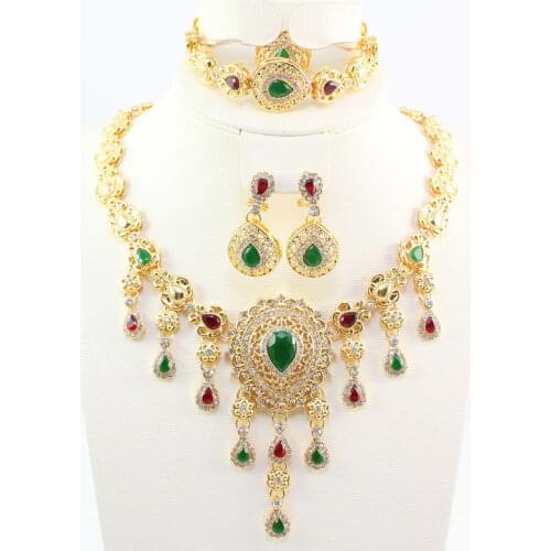 Zircon Gem Crystal Wedding Dress Accessories Costume Women Party Gold Color African Beads Necklace Tassel Jewelry Sets