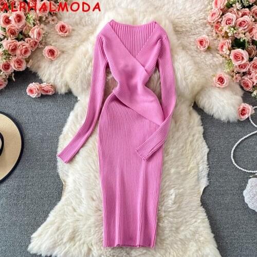ALPHALMODA French Retro Sexy Deep V-neck Knitted Dress 2021 Autumn Slim Hepburn Style Knee Length Sweater Dress