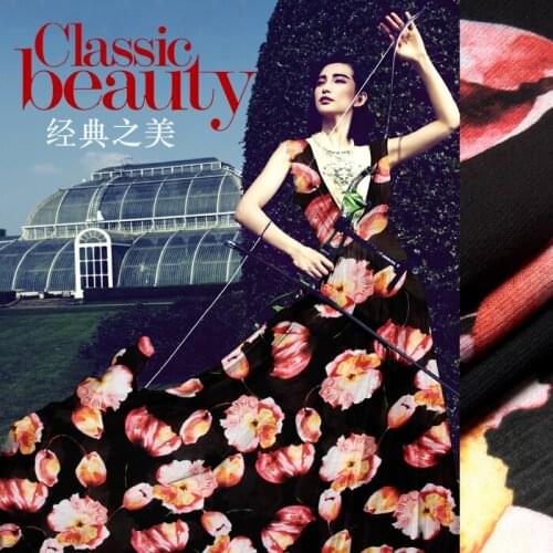 140cm wide15.5mm orange floral print black silk linen fabric for summer shirt dress a little transparent and hard fabric D119