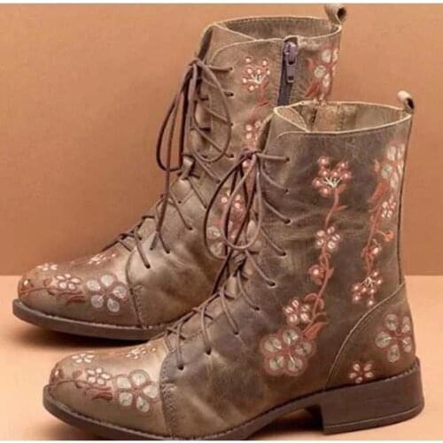 35-43 Shoes Woman Womens Large Size Martin Boots New Style Luxury Designer Flat Chunky-Heel Short Boots Embroidered Lace-up
