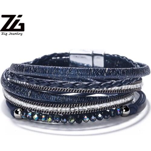 ZG Crystal Beads Multilayer Leather Bangles Alloy Leather For Women Bracelet 2020 Jewelry Gift Wholesale Accessories