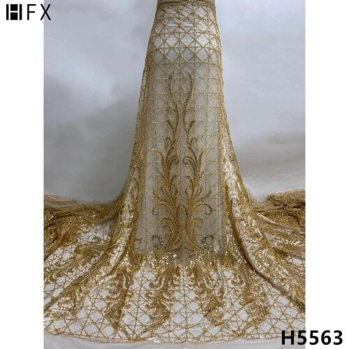 HFX 2021 Handmade African Beaded Lace Fabric 2021 High Quality Embroidery Nigerian Lace Fabrics For Women French Mesh Lace H5563