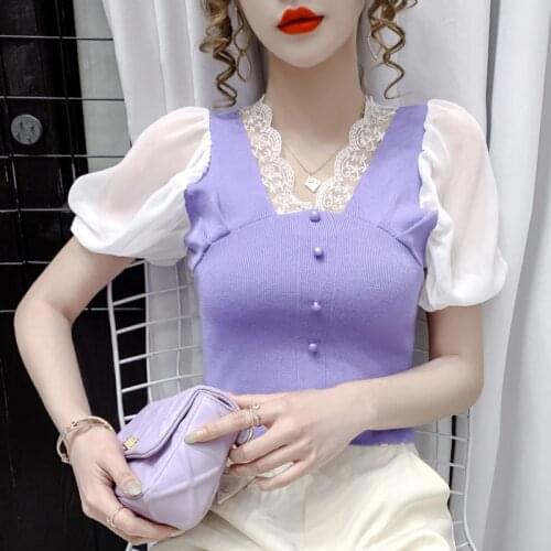 2021 Summer Chiffon Blouse New Short Sleeve V-Neck Chic Lace Knitted Patckwork Buttons Slim Causal Shirts