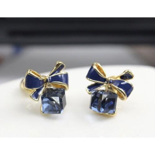 Fashion Dark Blue Cubic Rhinestone Sleek Golden Bow Stud Earrings for Women Trendy piercing Jewelry