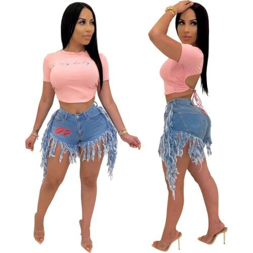 2021 New Women Sexy Tassel Fringe Embroidered Lips Stretch Denim High Waist Short Jeans