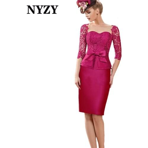 NYZY M361 Sheath 3/4 Sleeves Big Bow Short Mother of the Bride Lace Dresses 2021 Wedding Party Dress vestidos de cóctel