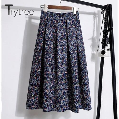 Trytree 2020 Autumn Winter Casual Woman Skirt Thick Printed Floral Elastic Waist A-line Mid-Calf Corduroy Office Lady Skirt